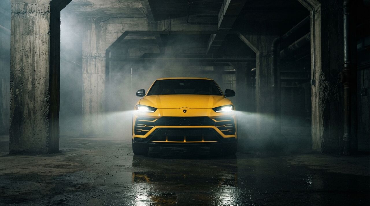 Lamborghini Urus amarelo de faróis acesos num estacionamento de concreto com neblina