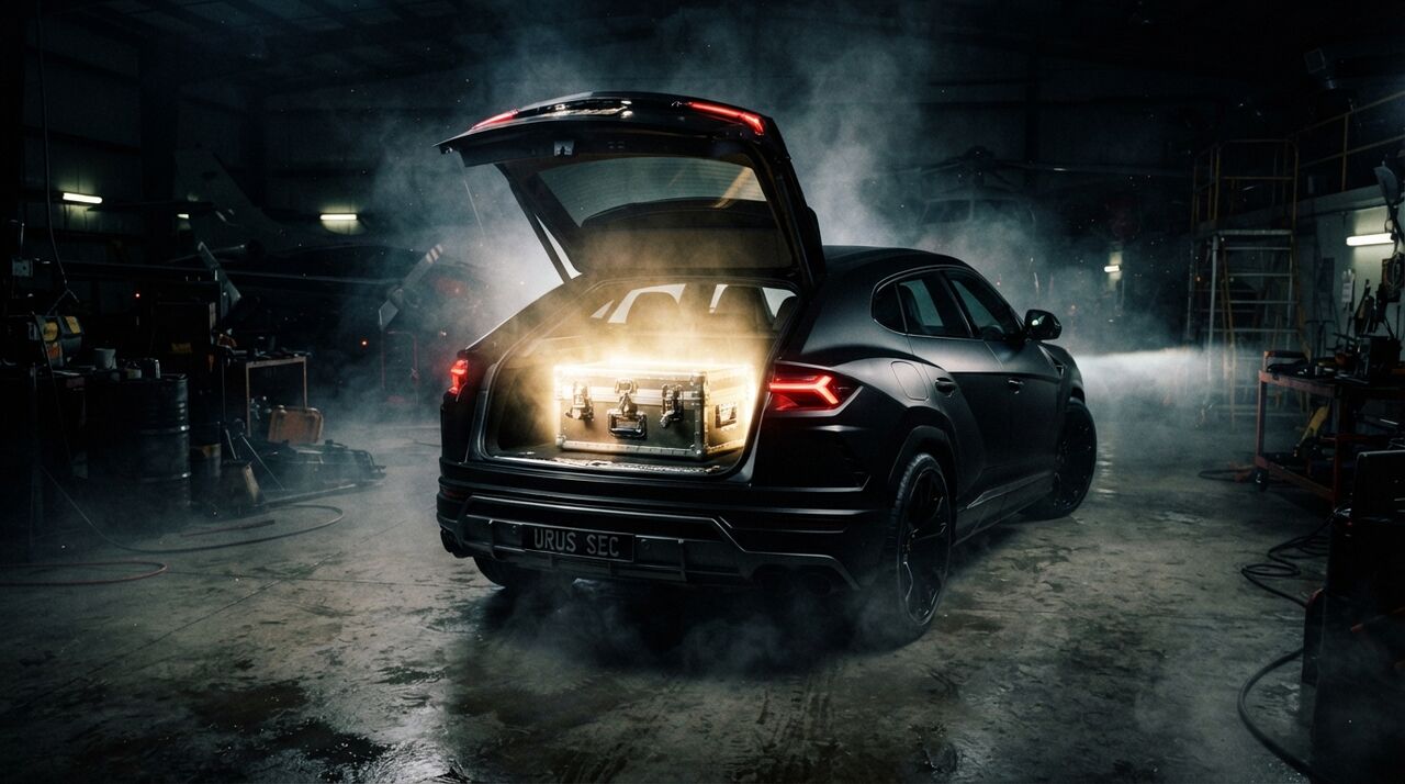 Lamborghini Urus preto com o porta-malas aberto e iluminado num hangar escuro