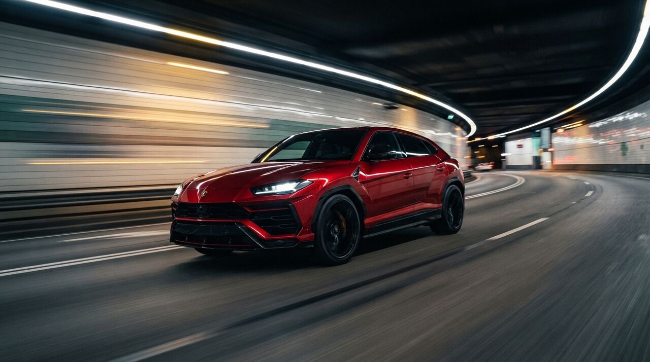 Lamborghini Urus vermelho em movimento num túnel iluminado